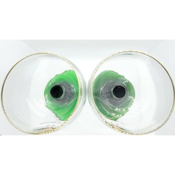 Vtg 2 Wine Glass Goblet Gold Trim Green Swirl Stem Engineers Oberammerg Germany - Picture 6 of 7